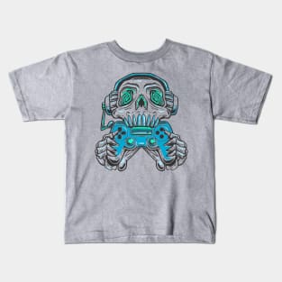 A skull gamer holding a light blue joystick controller and wearing headphone. Kids T-Shirt